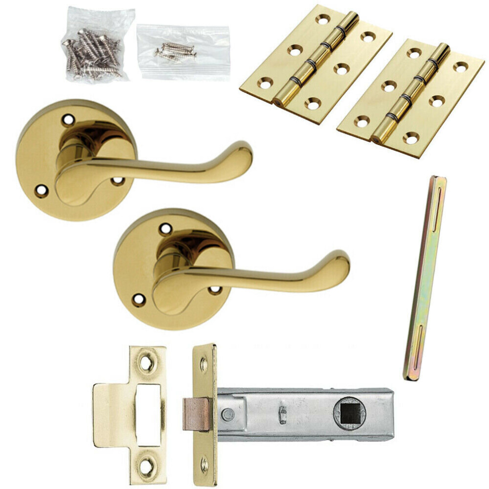 Door Handle & Latch Pack Brass Victorian Scroll Curved Screwless Round Rose 5056524213773