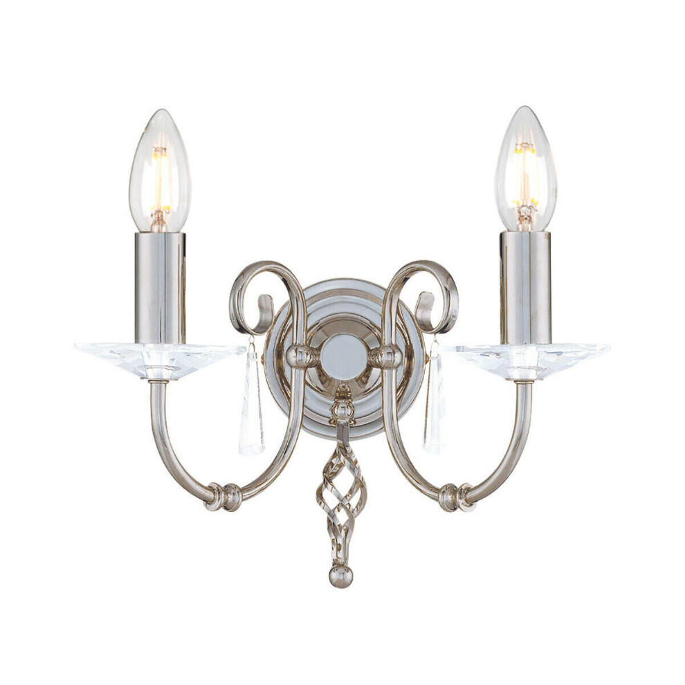 Loops Twin Wall Light Cut Glass Droplets Swirl Finial Polished Nickel Led E14 60W