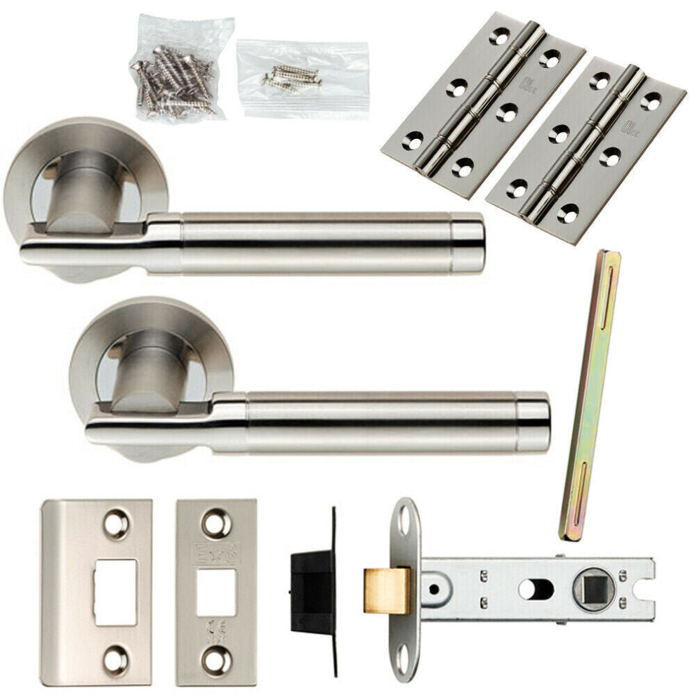 Door Handle & Latch Pack Polished & Satin Steel Round Bar Screwless Rose
