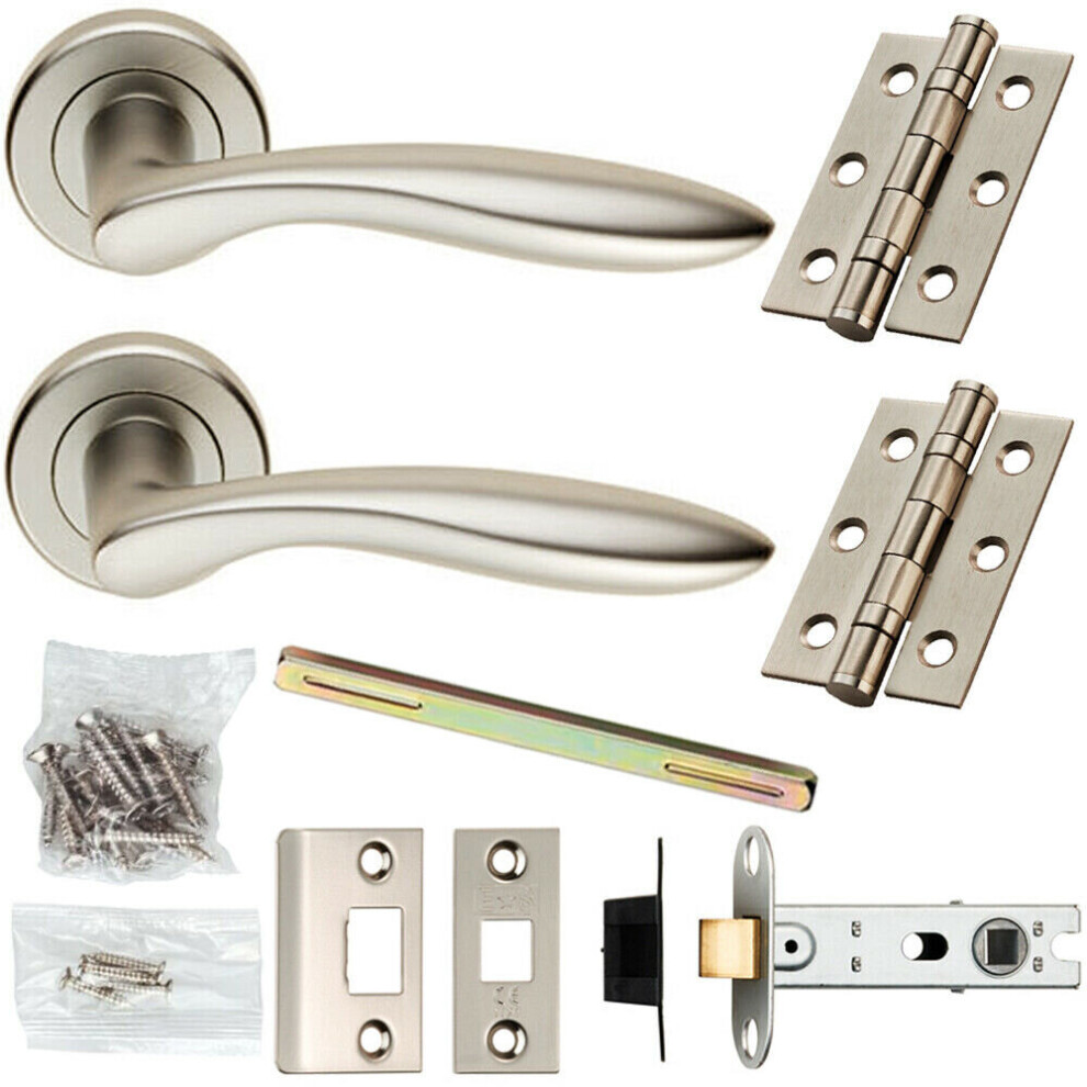 Door Handle & Latch Pack Satin Chrome Modern Smooth Lever Screwless Round Rose
