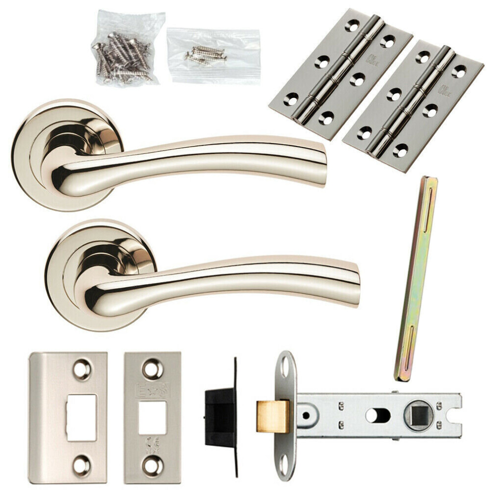 Door Handle & Latch Pack Polished Nickel Flared Lever Screwless Round Rose