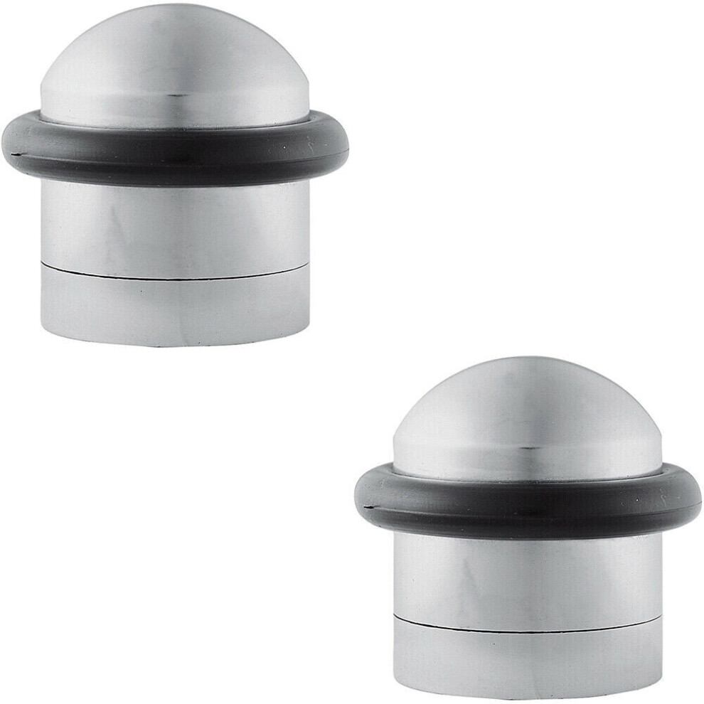 2x Dome Topped Floor Mounted Door Stop Rubber Buffer 38mm Dia Satin Chrome