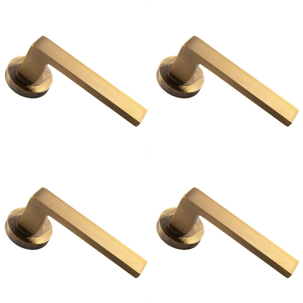 4X Pair Straight Square Handle On Round Rose Concealed Fix Antique Brass 5056524211762