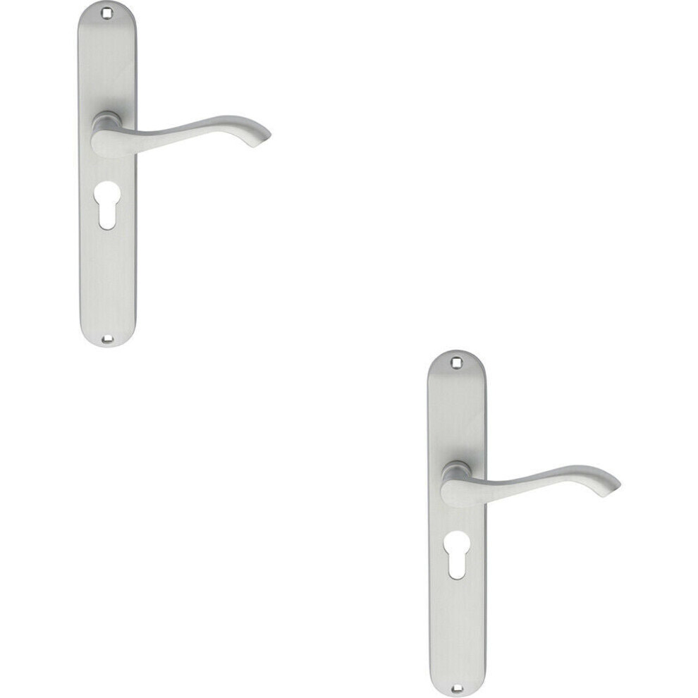 2x PAIR Curved Handle on Long Slim Euro Lock Backplate 241 x 40mm Satin Chrome