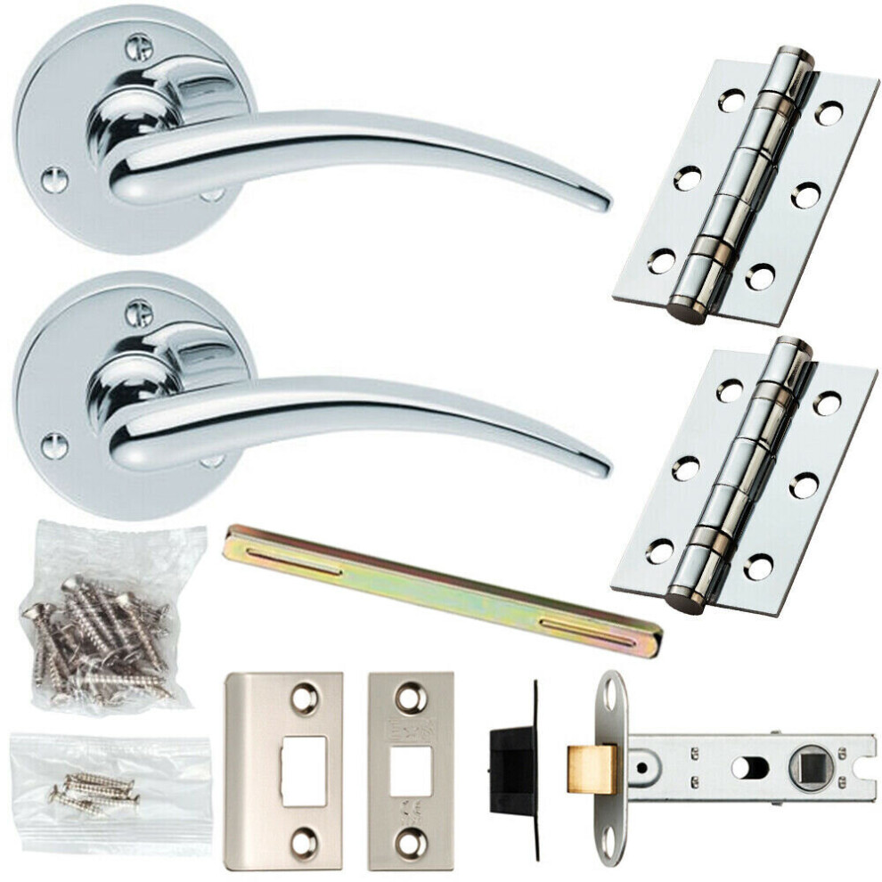 Door Handle & Latch Pack Chrome Slim Tapered Curved Lever 58mm Round Rose