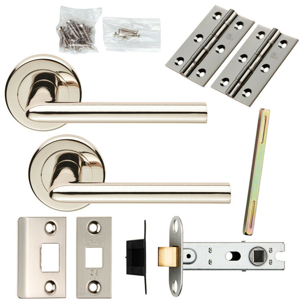 Door Handle & Latch Pack Polished Nickel Straight Slim Lever Screwless Rose