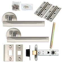 Door Handle & Latch Pack Polished Steel Round T Bar Lever Screwless Rose