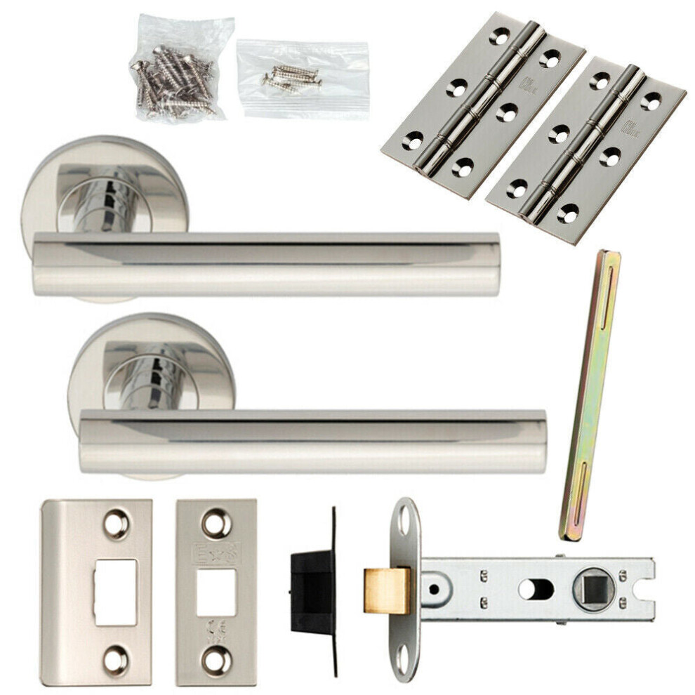Door Handle & Latch Pack Polished Steel Round T Bar Lever Screwless Rose