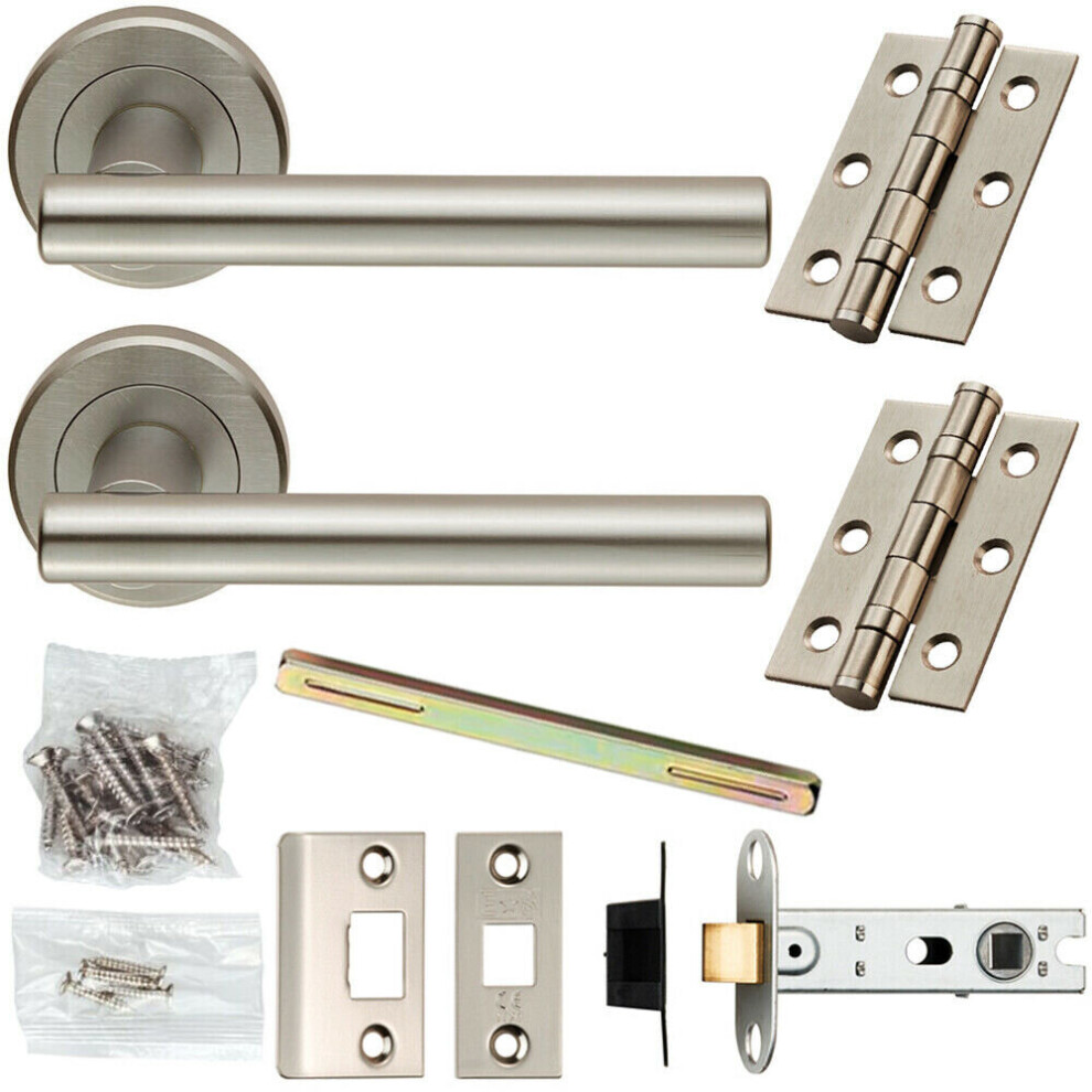 Door Handle & Latch Pack Satin Chrome Straight T Bar Screwless Round Rose