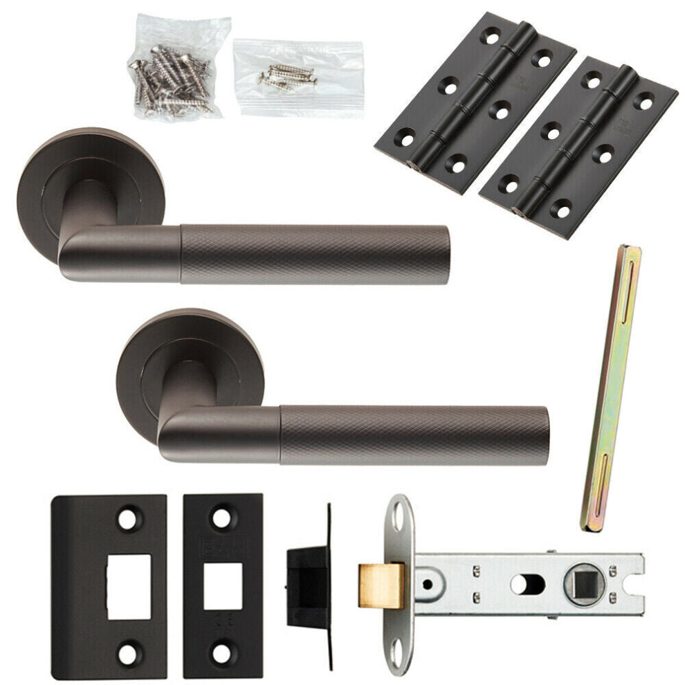 Door Handle & Latch Pack Matt Black Knurled Mitred Lever Screwless Round Rose