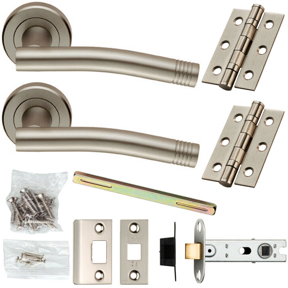 Door Handle & Latch Pack Satin Chrome Modern Angled Lever Screwless Round Rose