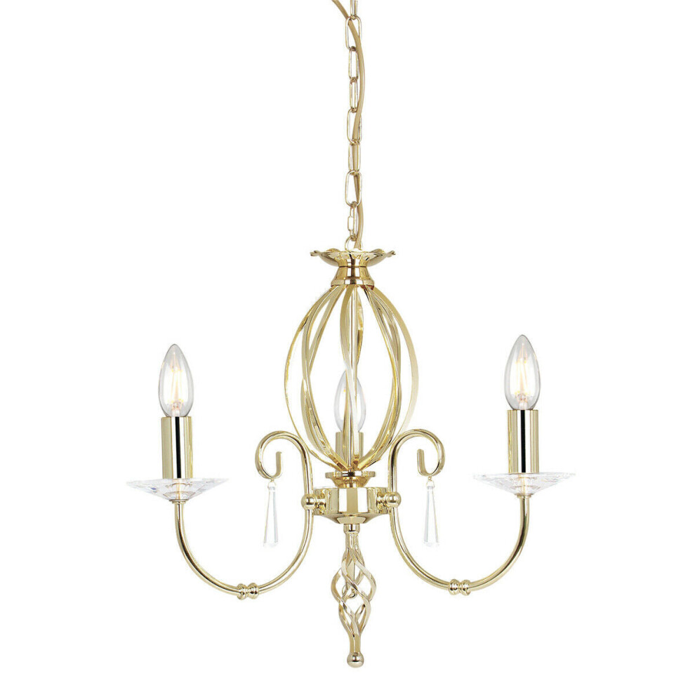 Loops 3 Bulb Chandelier Cut Glass Droplets Central Curved Stem Polished Brass E14 60W Light