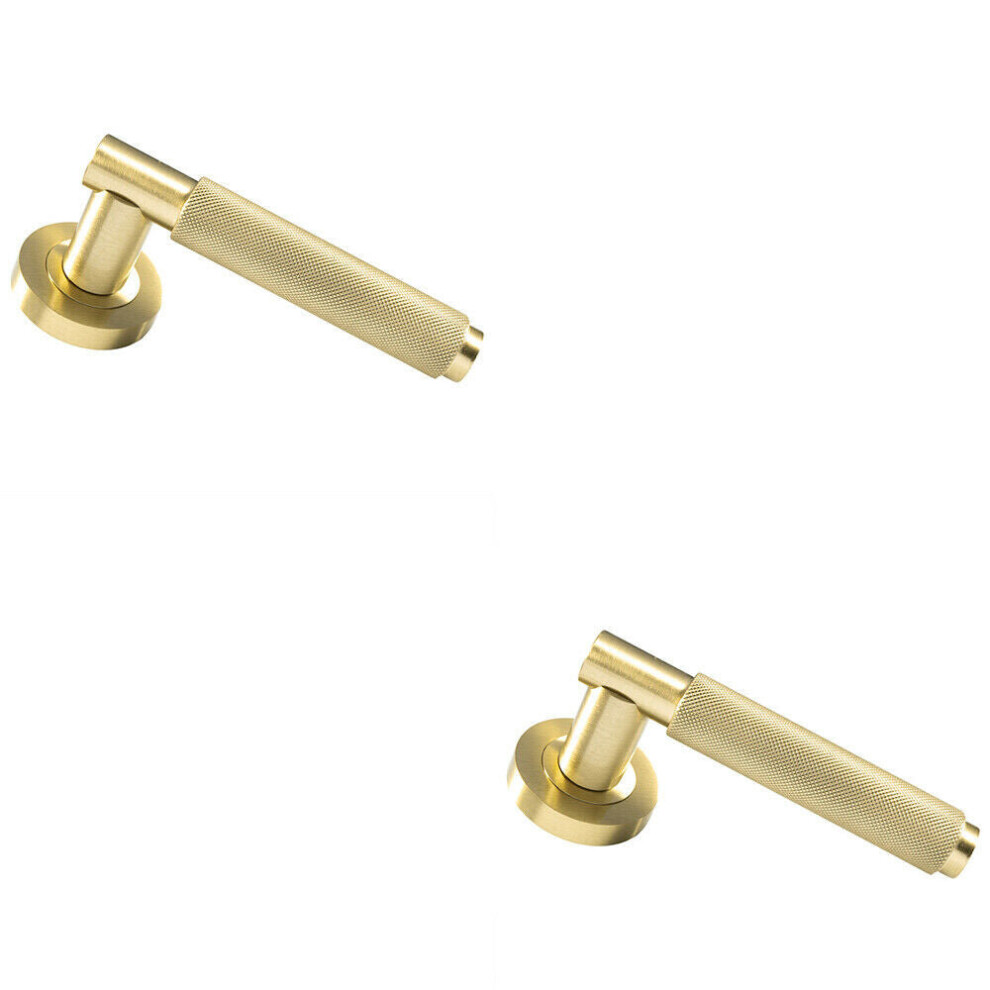 2X Pair Knurled Grip Round Bar Handle On Round Rose Concealed Fix Satin Brass 5056524200292