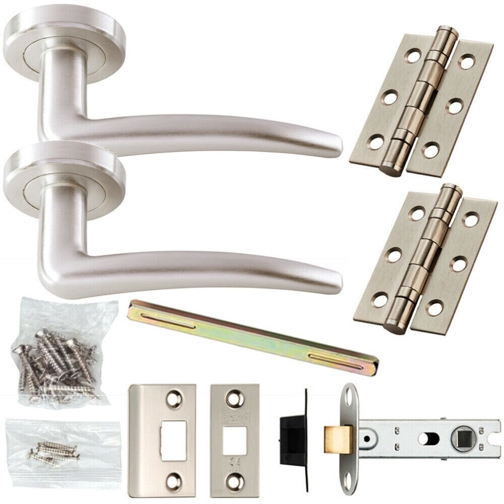 Door Handle & Latch Pack Satin Chrome Tapered Bar Lever Screwless Round Rose