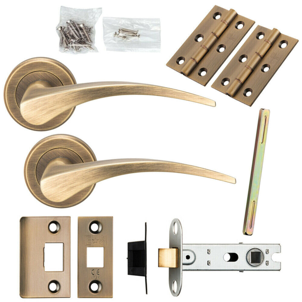 Door Handle & Latch Pack Antique Brass Slim Arched Lever Screwless Round Rose