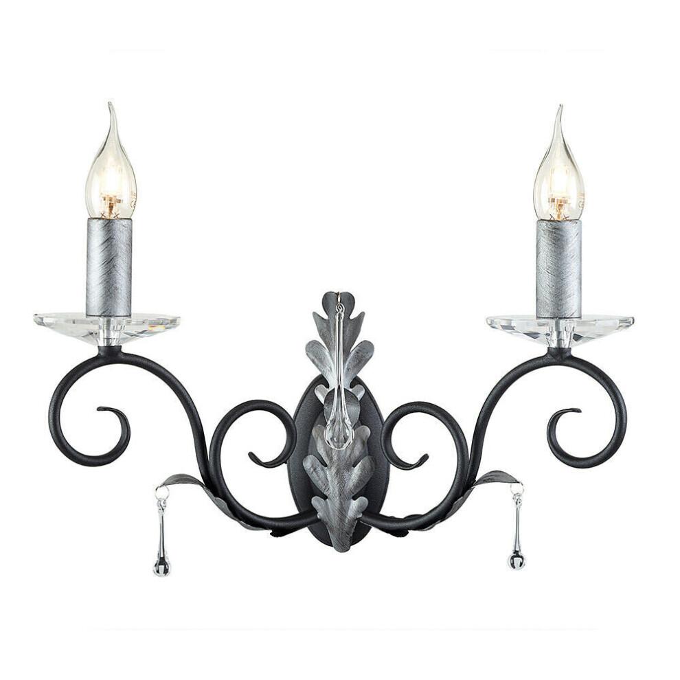 Loops Twin Wall Light Sconce Handmade Glass Droplets Black Silver Led E14 60W Bulb