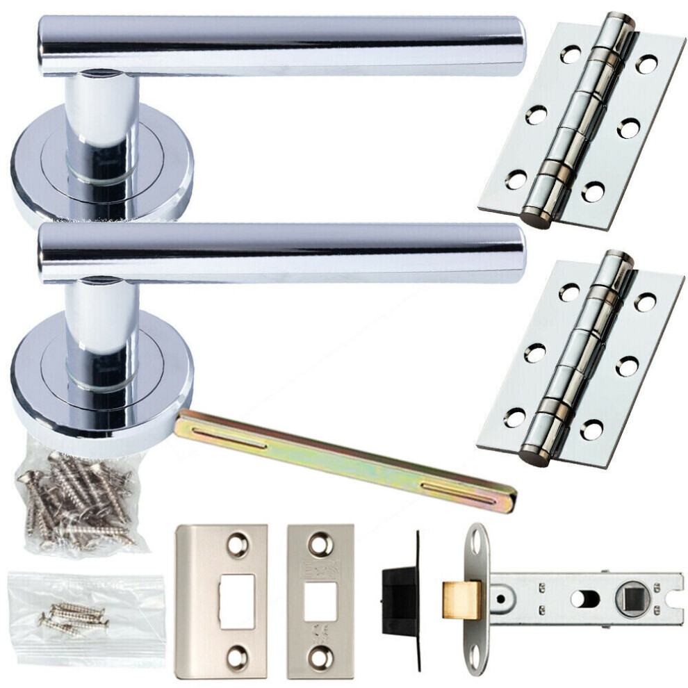 Door Handle & Latch Pack Chrome Modern Straight T Bar on Screwless Round Rose