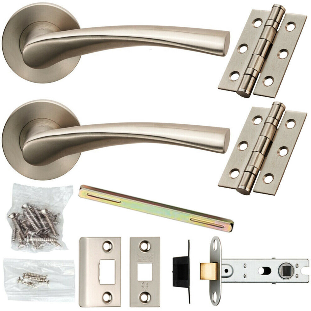 Door Handle & Latch Pack Satin Steel Twisted Curved Lever Screwless Round Rose