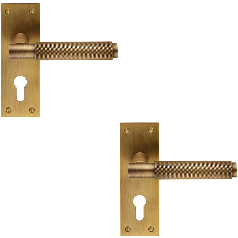 2X Pair Knurled Round Lever On Slim Euro Lock Backplate 150 X 50Mm Antique Brass 5056524200384