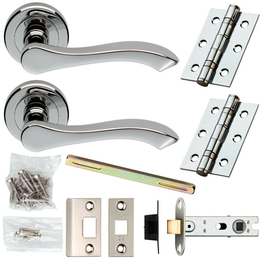 Door Handle & Latch Pack Chrome Modern Scroll Curved Arm Screwless Round Rose