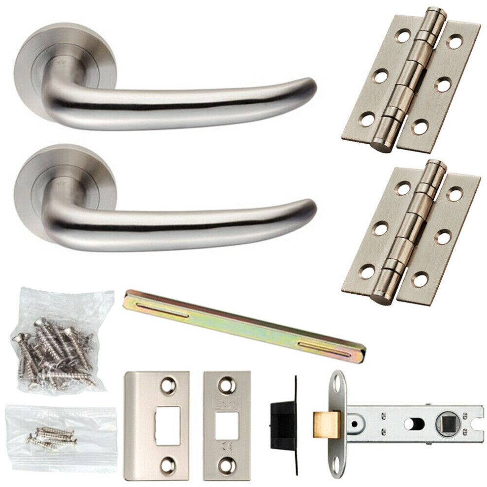 Door Handle & Latch Pack Satin Steel Slim Curved Lever Screwless Round Rose