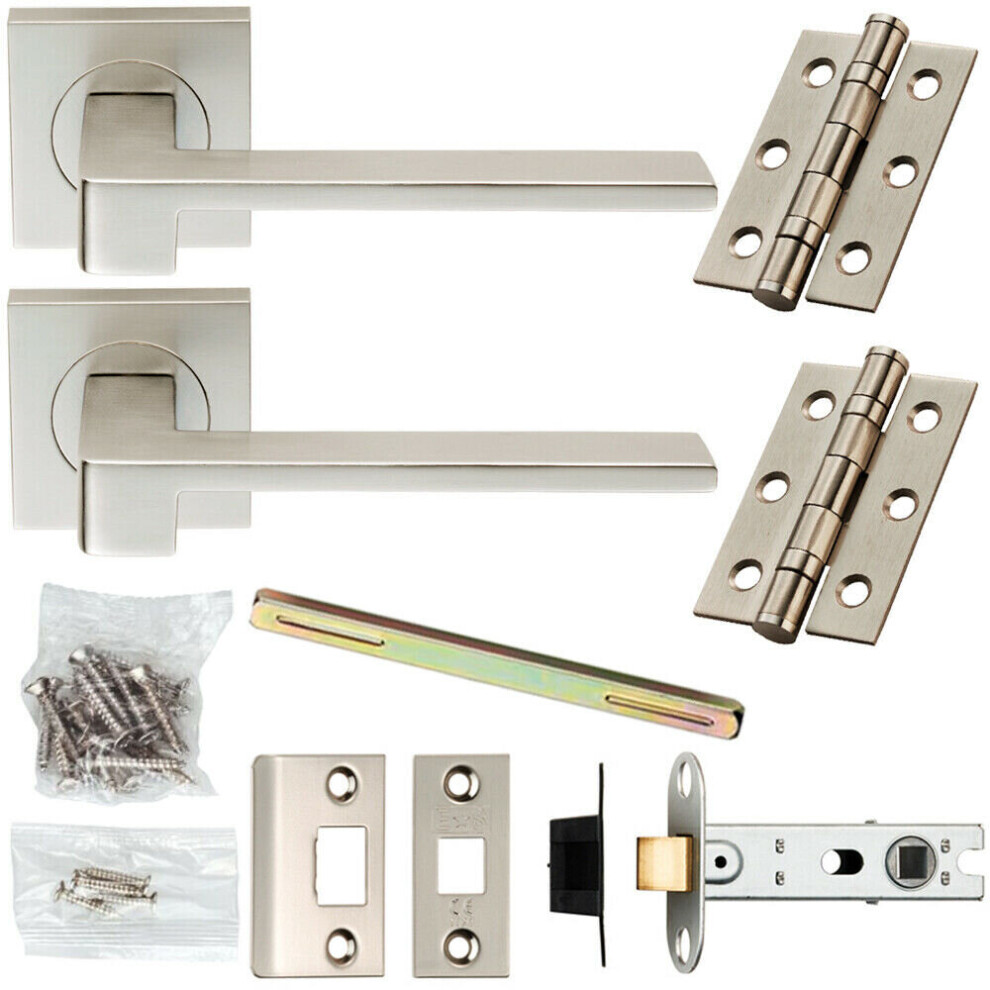 Door Handle & Latch Pack Satin Chrome Modern Flat Lever Screwless Square Rose