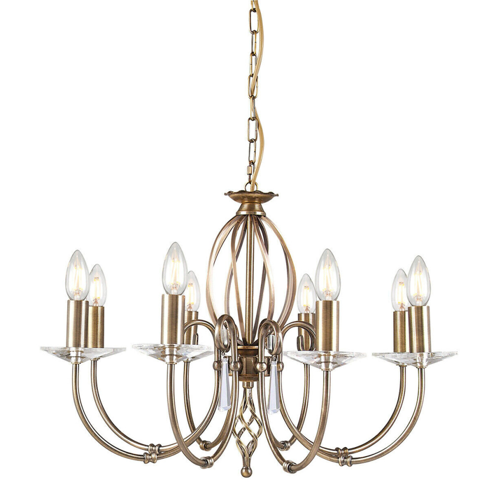 Loops 8 Bulb Chandelier Cut Glass Droplets Central Curved Stem Aged Brass Led E14 60W Light