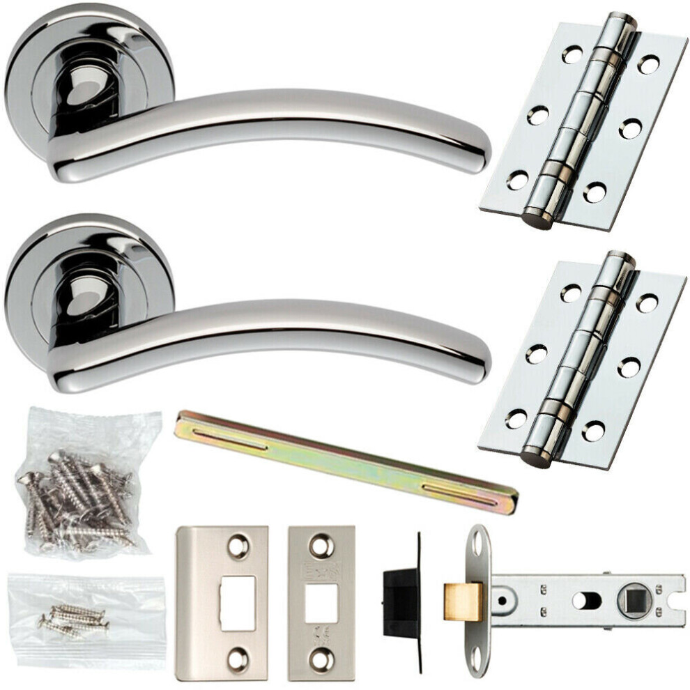 Door Handle & Latch Pack Chrome Modern Arched Curved Bar Screwless Round Rose