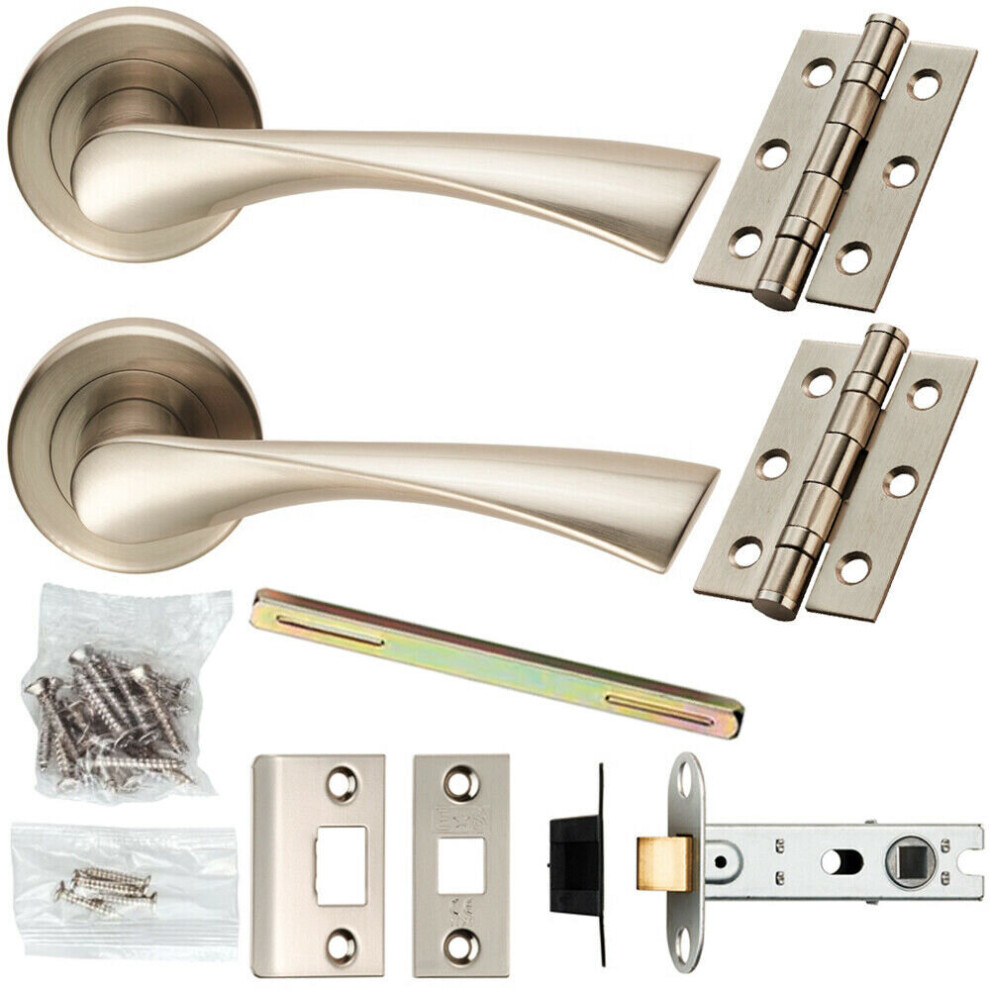 Door Handle & Latch Pack Satin Nickel Angled Twist Lever Screwless Round Rose