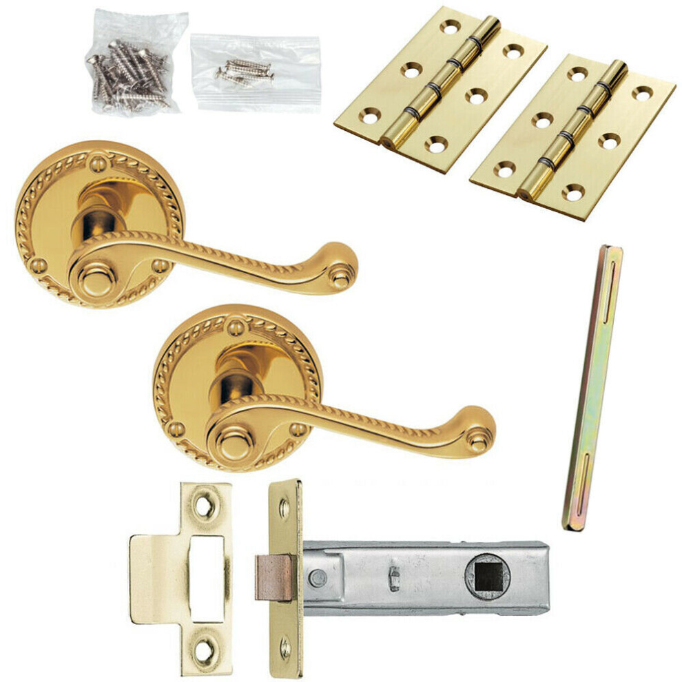 Door Handle & Latch Pack Brass Georgian Scroll Curved Screwless Round Rose 5056524214923