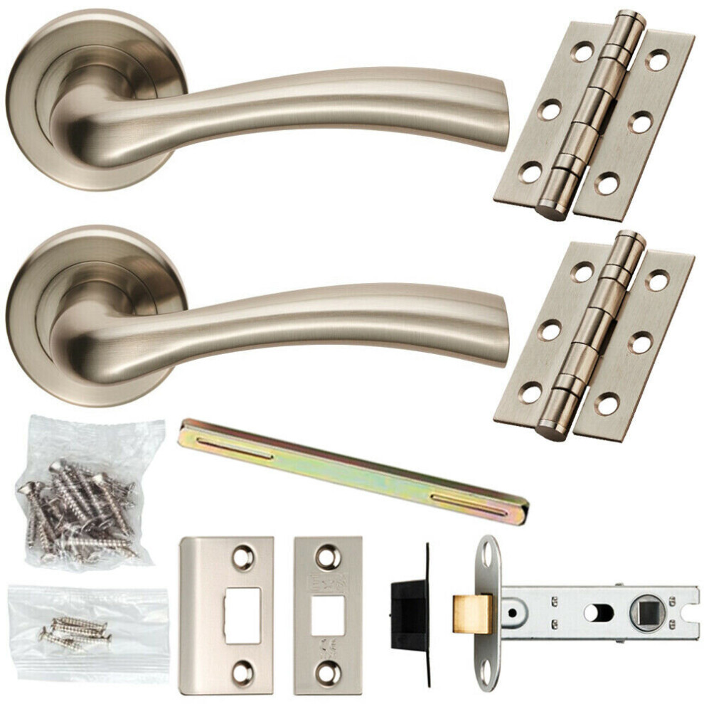 Door Handle & Latch Pack Satin Nickel Curved Flared Lever Screwless Round Rose