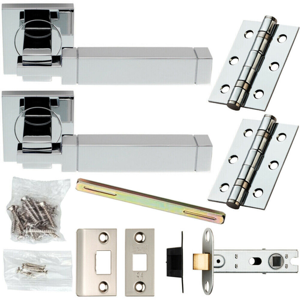 Door Handle & Latch Pack Chrome Etched Cube Sleek Bar on Screwless Square Rose