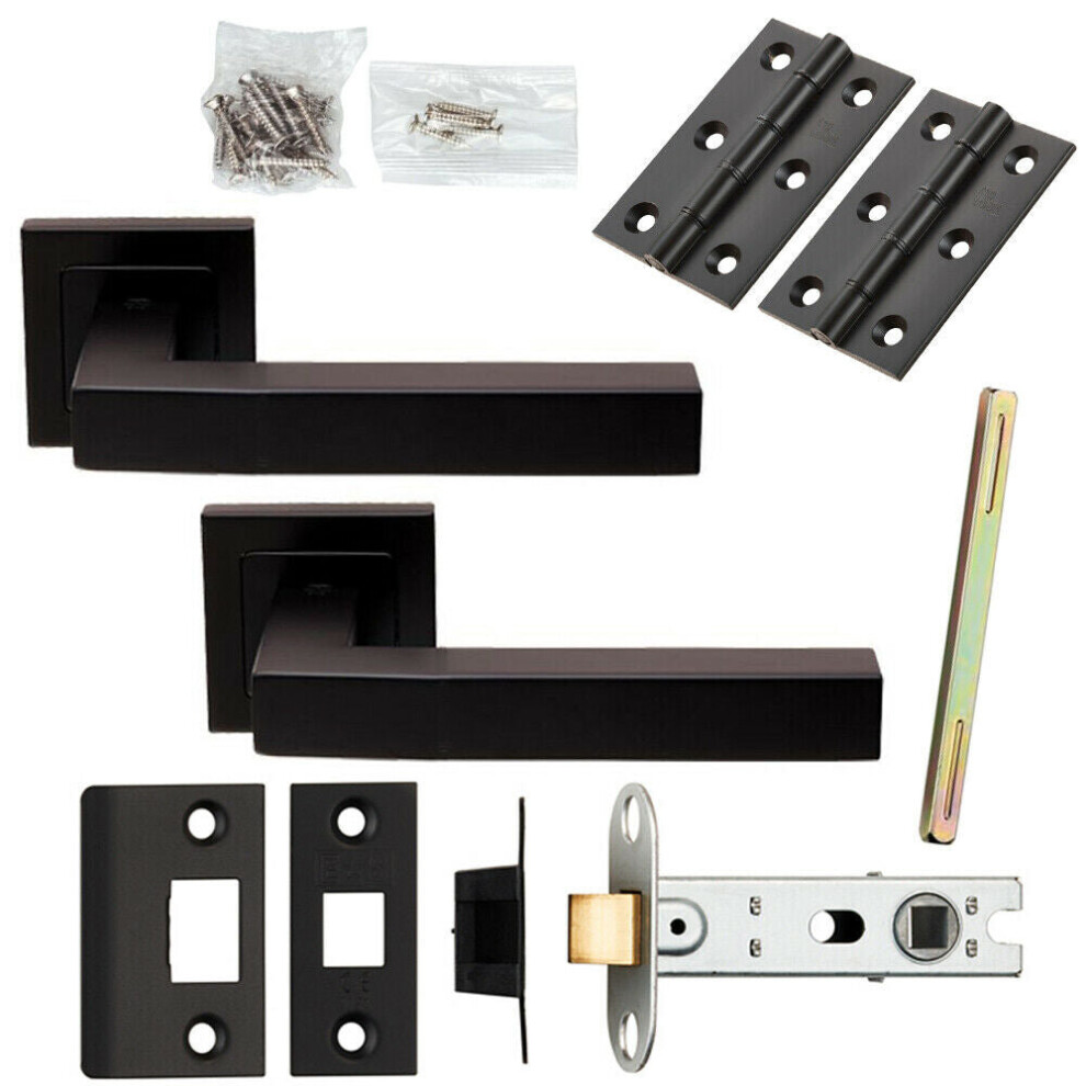 Loops Door Handle & Latch Pack Matt Black Cube Straight Lever Screwless Square Rose
