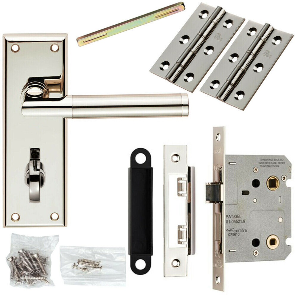 Door Handle & Bathroom Lock Pack Polished & Satin Nickel Mitred Lever Backplate