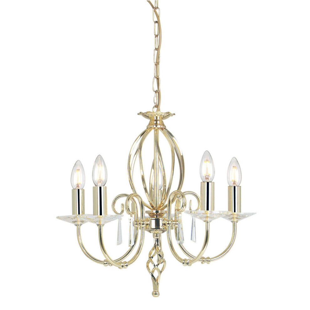 5 Bulb Chandelier Cut Glass Droplets Curved Stem Polished Brass LED E14 60W