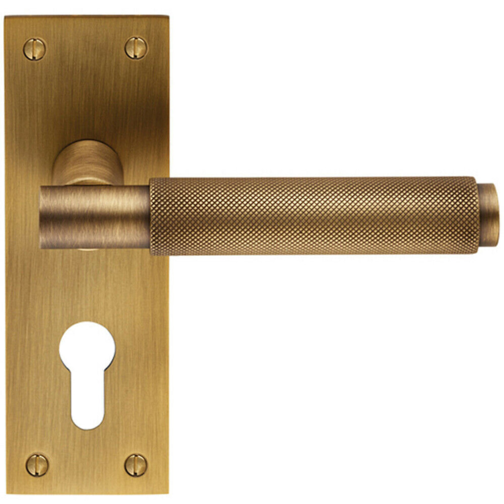 Pair Knurled Round Lever On Slim Euro Lock Backplate 150 X 50Mm Antique Brass 5056492585032