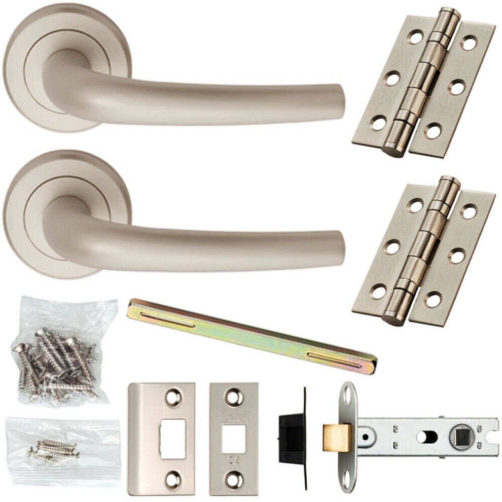 Door Handle & Latch Pack Satin Chrome Rounded Curve Lever Screwless Round Rose