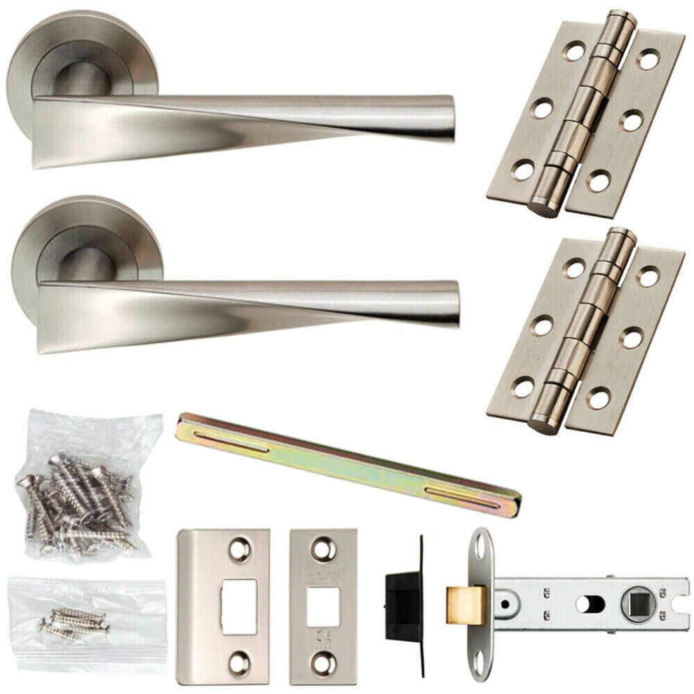 Door Handle & Latch Pack Satin Steel Angular Twist Lever Screwless Round Rose