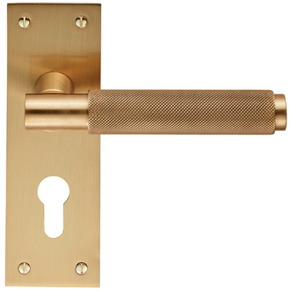 Pair Knurled Round Handle On Slim Euro Lock Backplate 150 X 50Mm Satin Brass 5056492585070