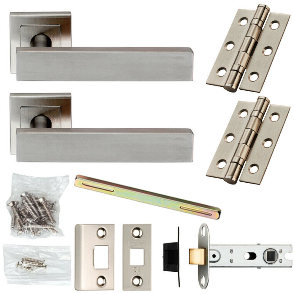 Door Handle & Latch Pack Satin Steel Modern Flat Lever Screwless Square Rose