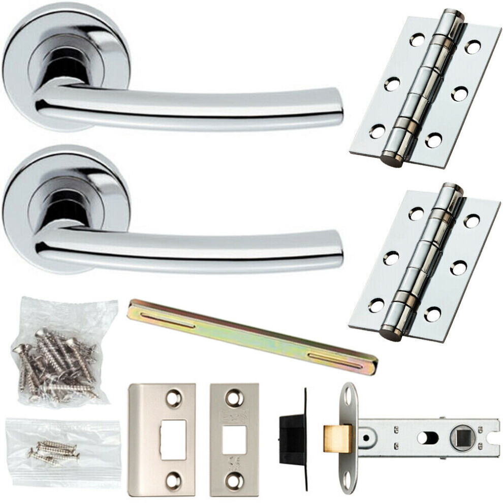 Door Handle & Latch Pack Chrome Modern Curved Slim Bar on Screwless Round Rose