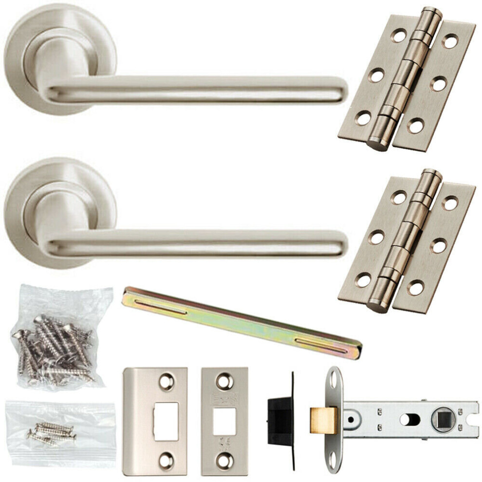 Door Handle & Latch Pack Satin Chrome Slim Straight Lever Screwless Round Rose