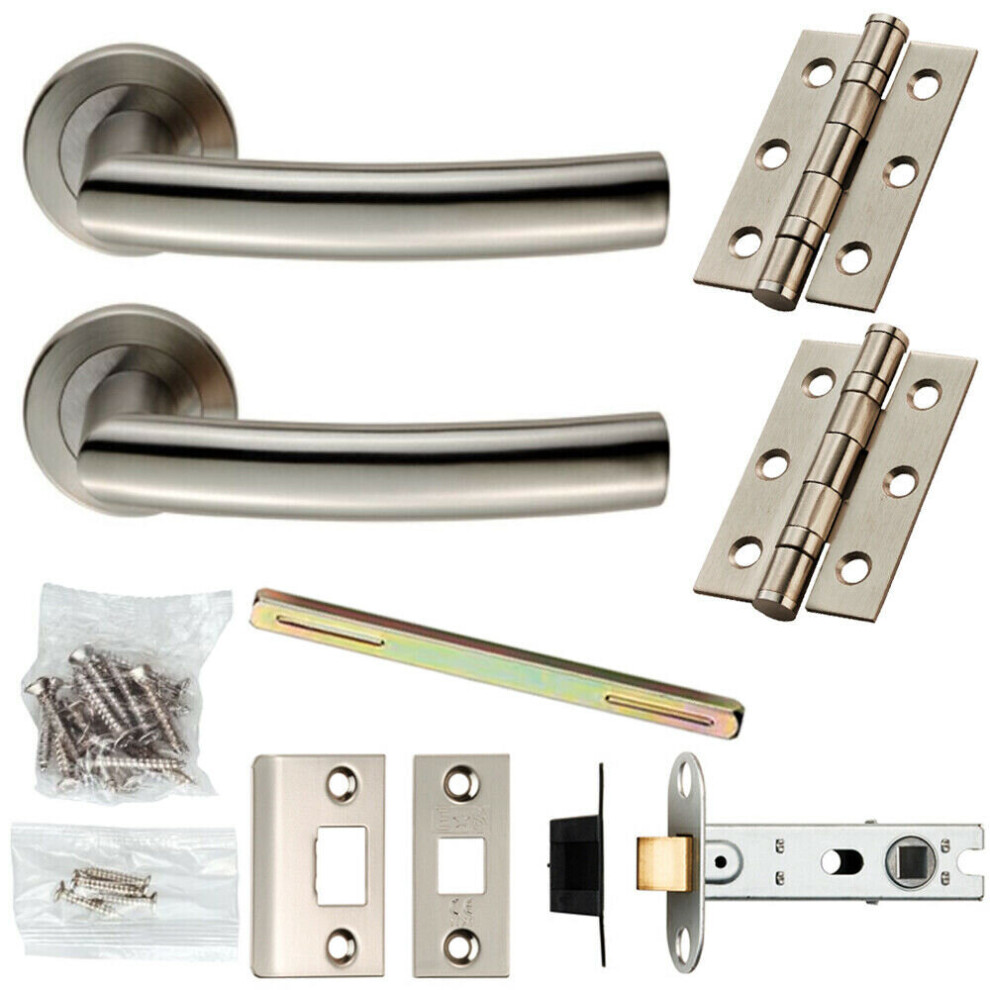 Door Handle & Latch Pack Satin Steel Curved Lever Bar Screwless Round Rose