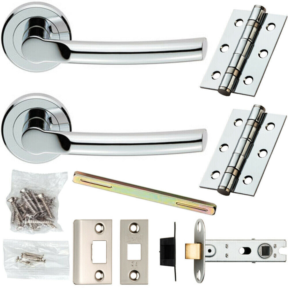 Door Handle & Latch Pack Chrome Modern Slim Arched Bar on Screwless Round Rose