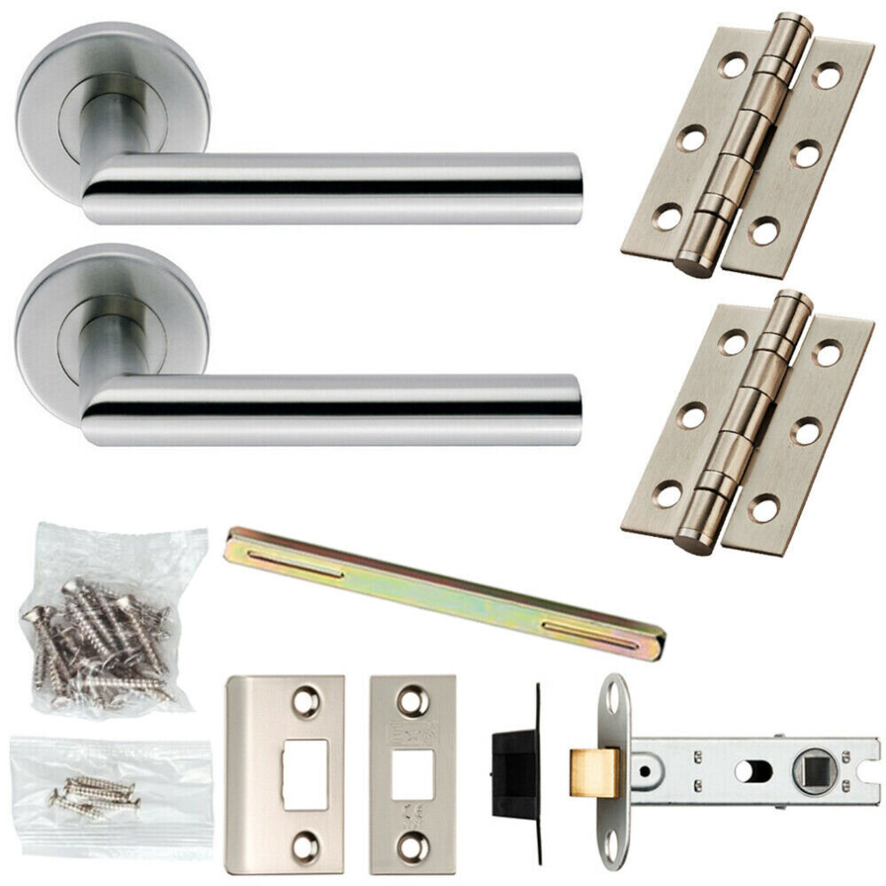 Door Handle & Latch Pack Satin Steel Straight Mitre Lever Screwless Round Rose