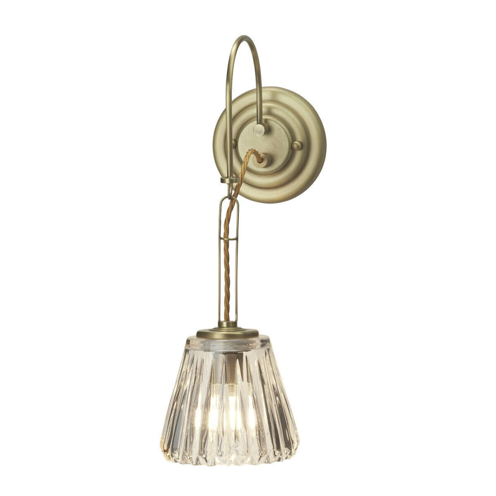 Loops Ip44 Wall Light Rope Effect Cable Ribbed Glass Shade Brushed Brass Led G9 3.5W