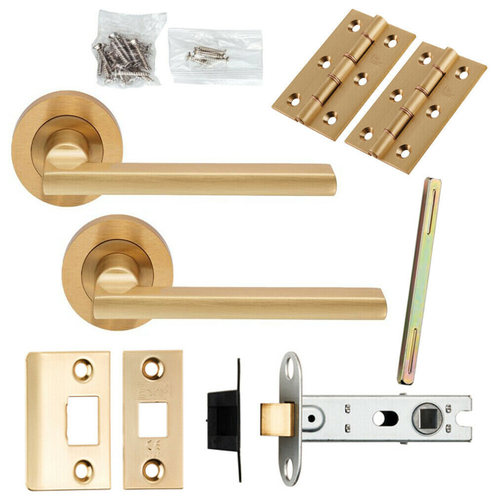 Door Handle & Latch Pack Satin Brass Plinth Mounted Bar Screwless Round Rose