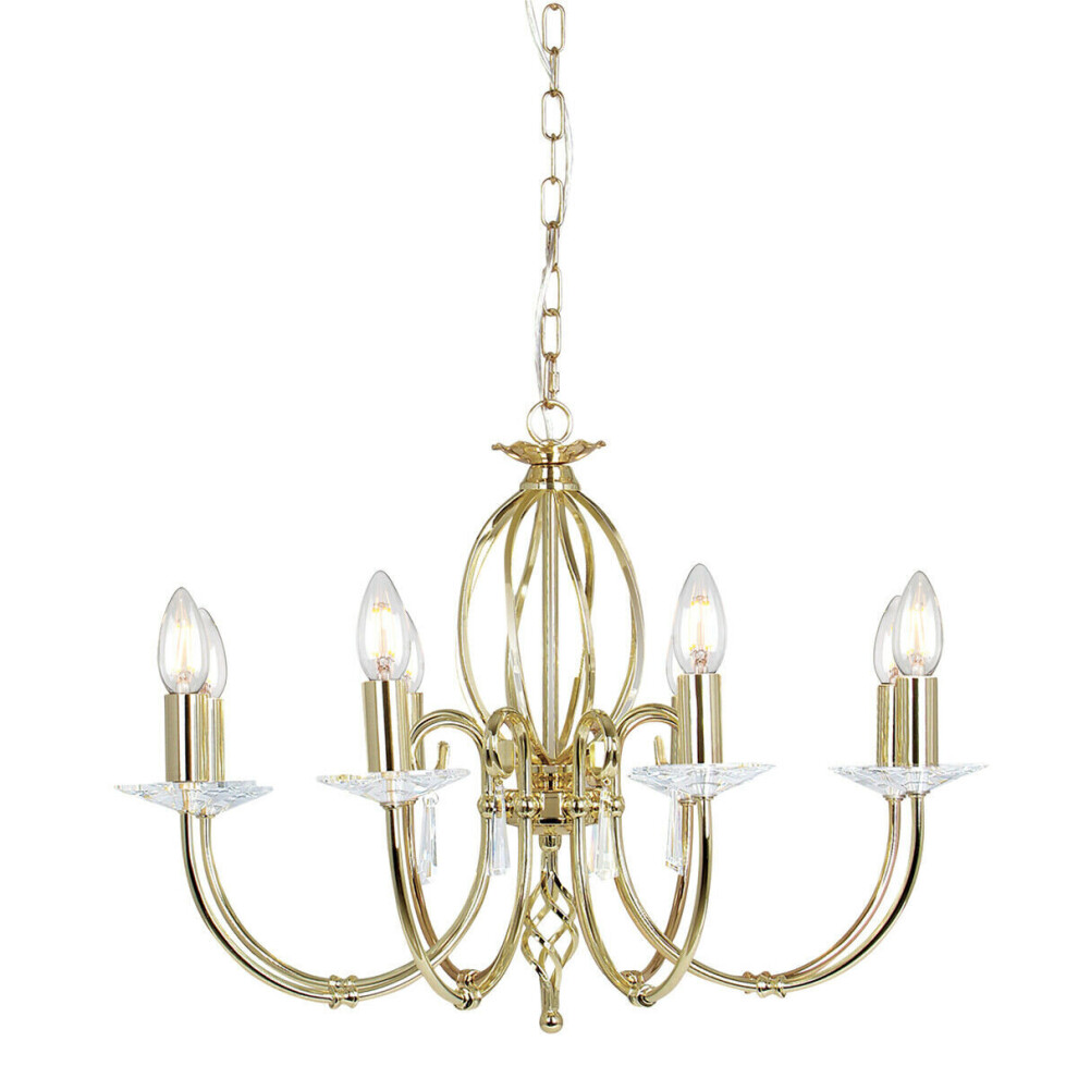 Loops 8 Bulb Chandelier Cut Glass Droplets Curved Stem Polished Brass Led E14 60W Light