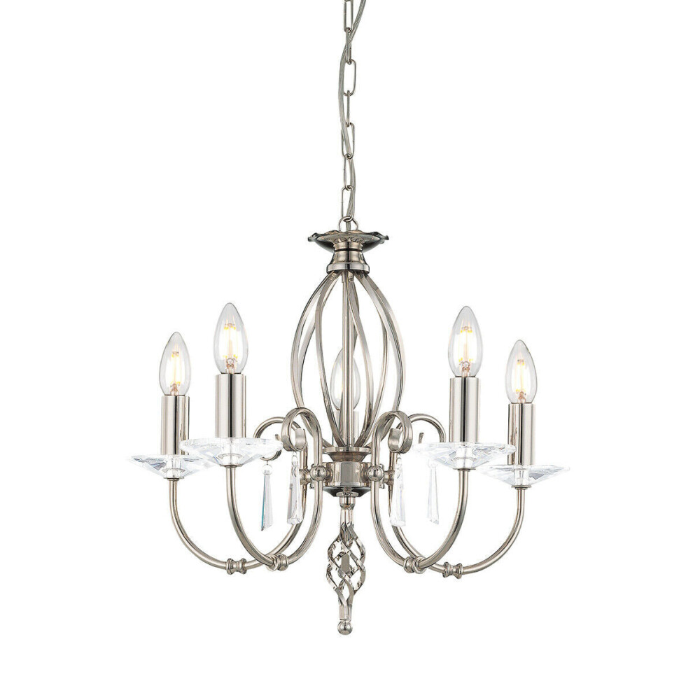 Loops 5 Bulb Chandelier Cut Glass Droplets Curved Stem Polished Nickel Led E14 60W