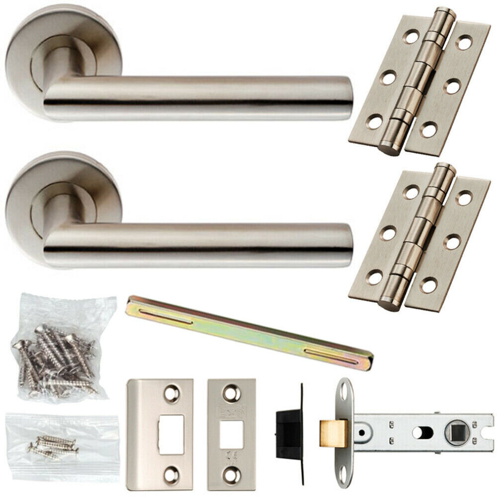 Door Handle & Latch Pack Satin Steel Oval Mitred Lever Screwless Round Rose